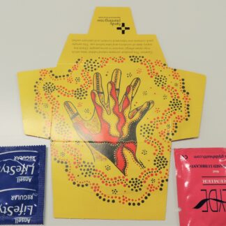 Yellow Aboriginal Cardboard out sleeve that holds the lube and condom satchets